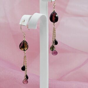 Watermelon Tourmaline Statement Earrings, 14K Gold Filled Long Dangle Earrings